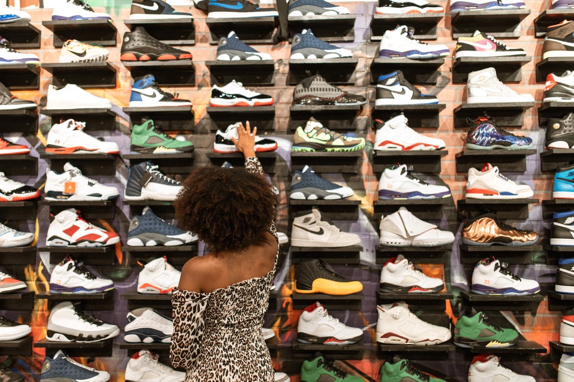 A shelf full of modern footwear
