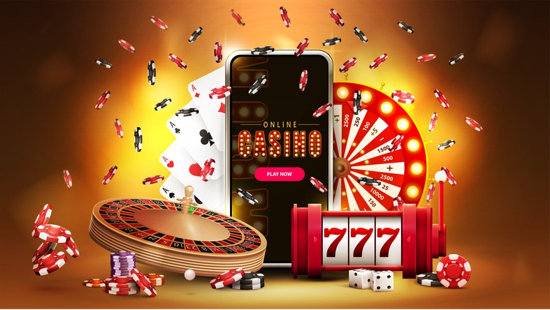 Online casino, banner with smartphone, casino slot machine, Roulette, playing cards, poker chips and Casino Wheel Fortune on gold background with bokeh, 3d realistic vector illustration.