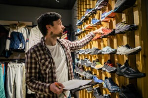 Business owner in sports store works with showcase trekking and mountaineering boots for sale, holding clipboard in his hands, checks availability of goods and collects to process online orders