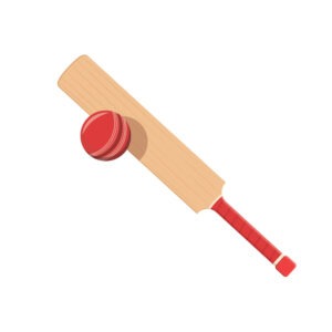 Cricket bat hitting red ball set flat vector illustration. Isolated sport gear icon element