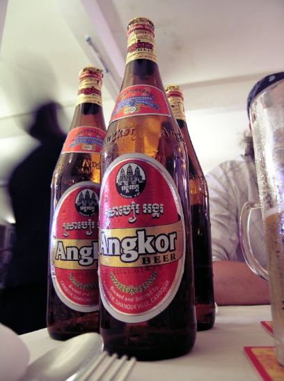 Angkor-Beer-three-tall-bottles-of-beer-glass-of-beer
